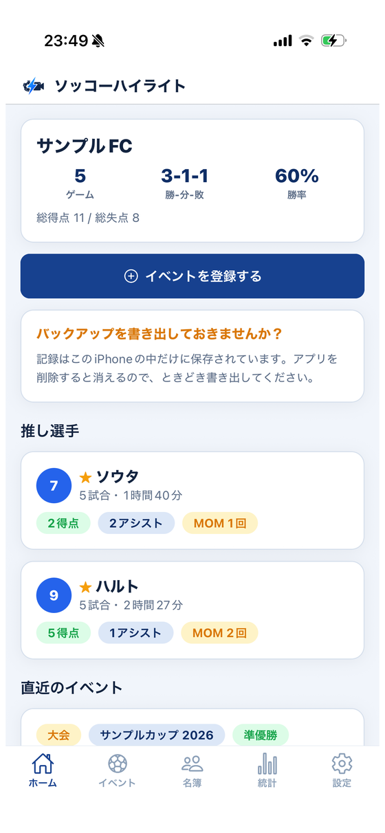 ホーム。チームの通算成績と直近のイベントが並びます