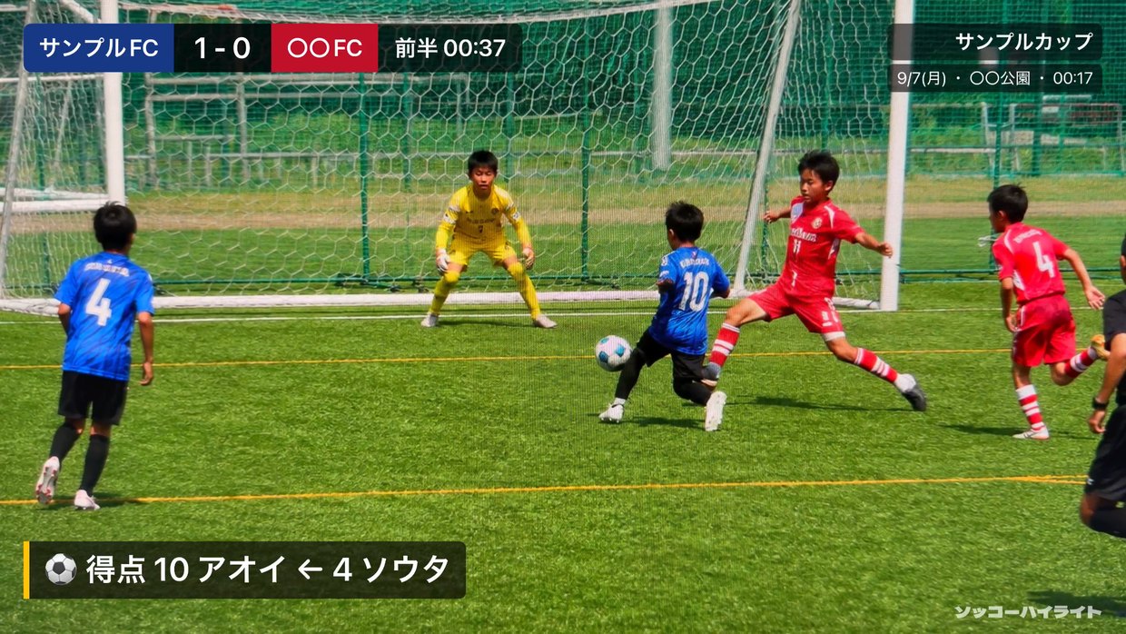 書き出したハイライト動画。左上にスコアと試合時計、右上に大会名と日付・会場、左下に得点者とアシストのテロップが入っている
