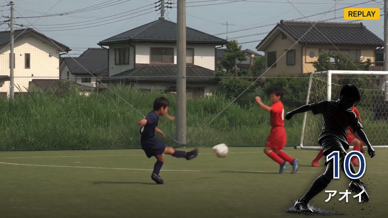 リプレイ中の得点者カード。右上にREPLAYの帯、右下に背番号と名前が大きく出ています