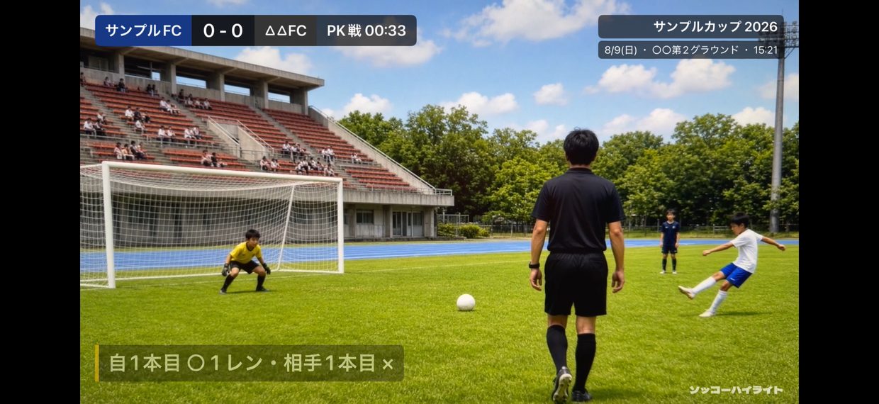 PK戦のハイライト。キックの結果とキッカーがテロップに出ます